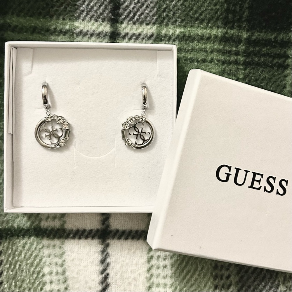 GUESS Silver Huggie Earrings with Logo Pendant and Crystal Accents - NWOT
